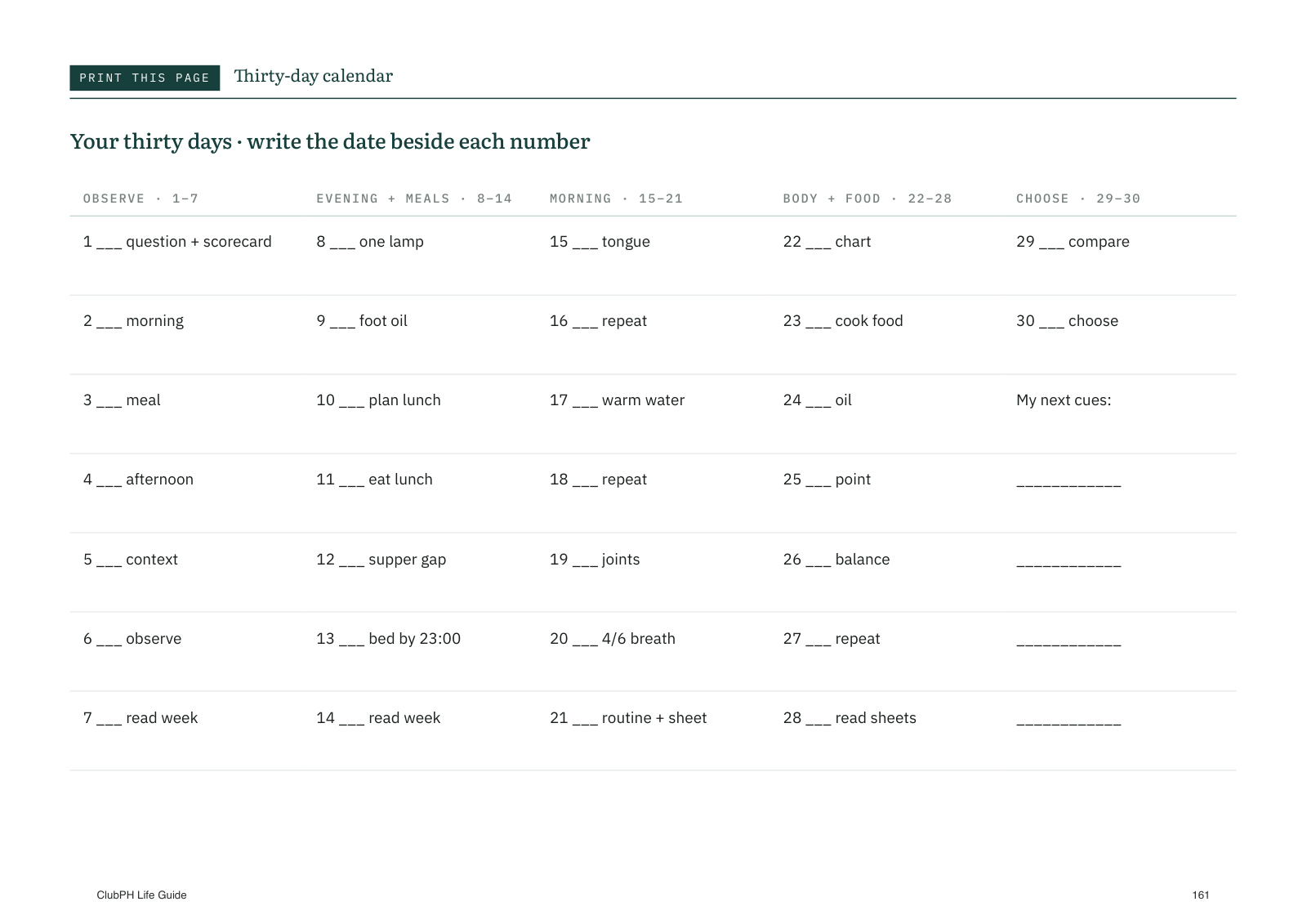 Page 161 of ClubPH Life Guide showing the thirty-day starting calendar